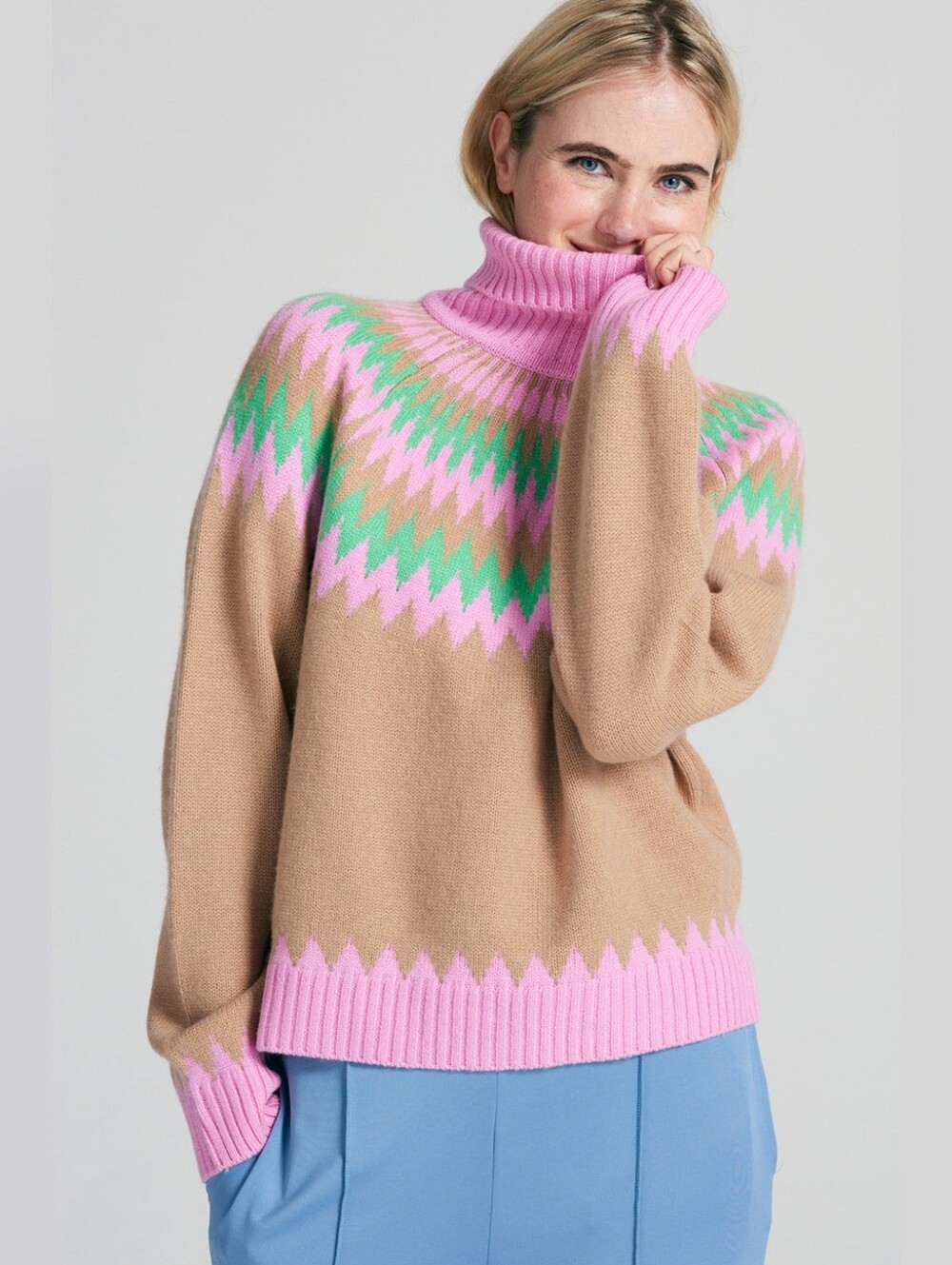 JUMPER 1234 Nordic Roll Collar Sweater In Cinderella Pink Hazelnut Emerald 6.